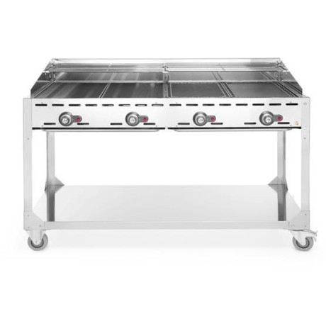 Plynový gril Green Fire 4 hořáky, HENDI, Profi Line, na kolové základně, Světle šedá, 22kW, 1400x612x(H)825mm