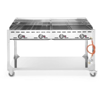 Plynový gril Green Fire 4 hořáky, HENDI, Profi Line, na kolové základně, Světle šedá, 22kW, 1400x612x(H)825mm