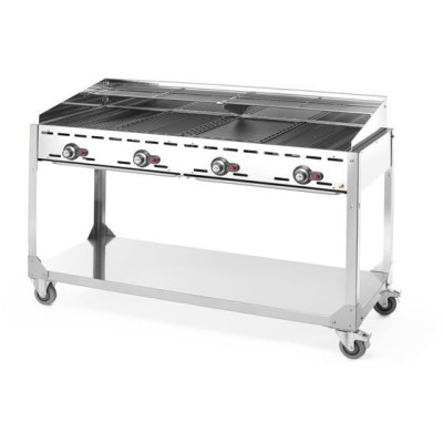 Plynový gril Green Fire 4 hořáky, HENDI, Profi Line, na kolové základně, Světle šedá, 22kW, 1400x612x(H)825mm