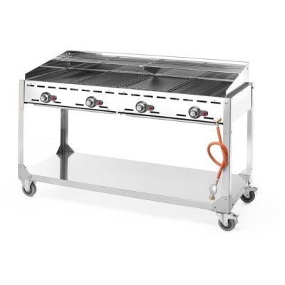 Plynový gril Green Fire 4 hořáky, HENDI, Profi Line, na kolové základně, Světle šedá, 22kW, 1400x612x(H)825mm
