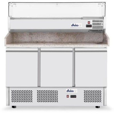 Třídveřový chladicí vozík na pizzu se skleněným nástavcem a žulovou pracovní deskou, Arktic, 254L, 230V/400W, 1400x700x(H)1491mm