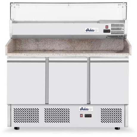 Třídveřový chladicí vozík na pizzu se skleněným nástavcem a žulovou pracovní deskou, Arktic, 254L, 230V/400W, 1400x700x(H)1491mm