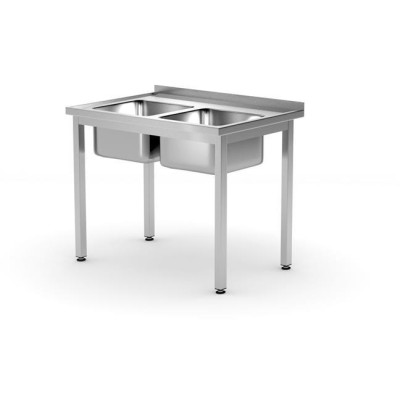 Stůl se dvěma dřezy – svařovaný, hloubka 600 mm, HENDI, Kitchen Line, 1000x600x(H)850mm