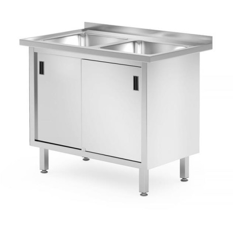 Stůl se 2 dřezy, skříň – svařovaná, s posuvnými dveřmi, HENDI, Profi Line, 1000x600x(H)850mm