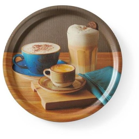 Servírovací podnos, protiskluzový, kulatý, s potiskem, HENDI, tasty coffee, ⌀380x(H)15mm