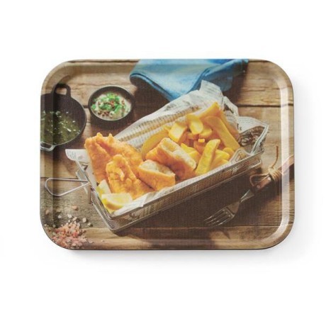 Servírovací podnos, protiskluzový, obdélný, s potiskem, HENDI, tasty fish & chips, 330x430mm