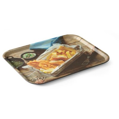 Servírovací podnos, protiskluzový, obdélný, s potiskem, HENDI, tasty fish & chips, 330x430mm