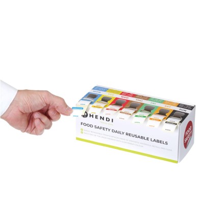 Sada opakovaně použitelných štítků pro bezpečnost potravin pro každý den v týdnu s dávkovačem , HENDI, 240x80x(H)100mm