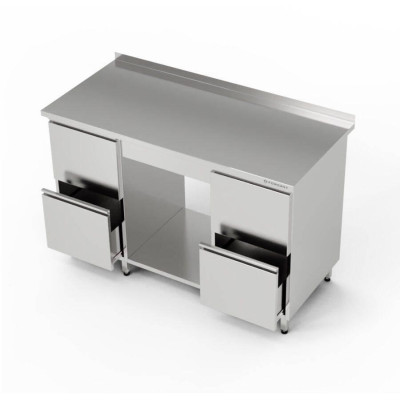 Nerezový pracovní stůl s policí a 2 bloky po 2 zásuvkách 180x60x85 cm | FORGAST