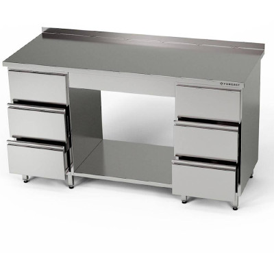 Nerezový pracovní stůl se 2 bloky po 3 zásuvkách a policí 150x60x85 cm | FORGAST
