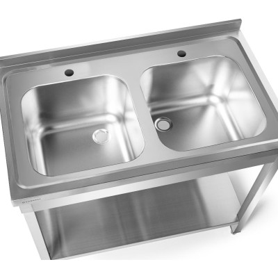 Nerezový stůl s dvoukomorovým dřezem s policí 100x60x85 se šrouby | FORGAST FG15339