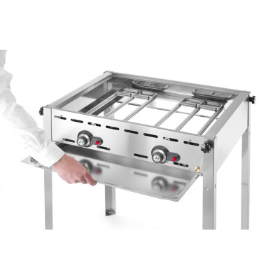 Plynový gril se 2 hořáky, HENDI, Profi Line, Smaltovaná litinová plotýnka a mřížka o velikosti GN 1/1, 11,6kW, 740x615x(H)825mm
