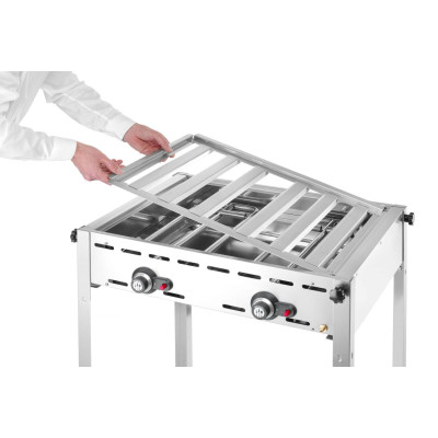 Plynový gril se 2 hořáky, HENDI, Profi Line, Smaltovaná litinová plotýnka a mřížka o velikosti GN 1/1, 11,6kW, 740x615x(H)825mm